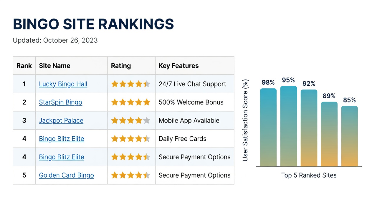 Detailed charts comparing bingo site features and user statistics