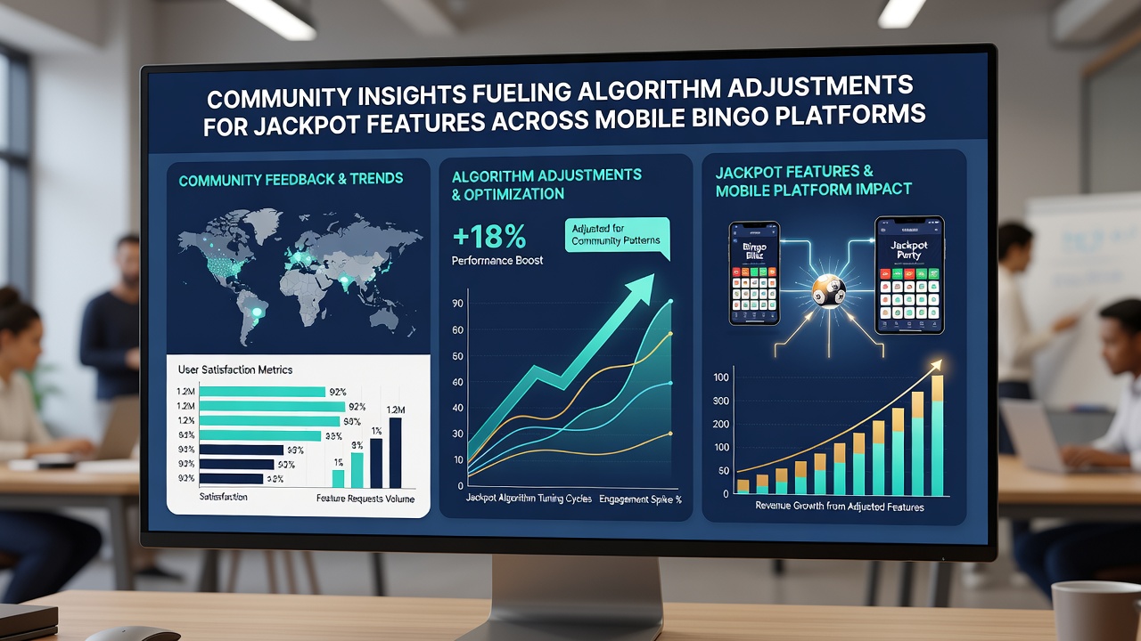Data analysts reviewing community feedback metrics on screens while adjusting bingo jackpot algorithms