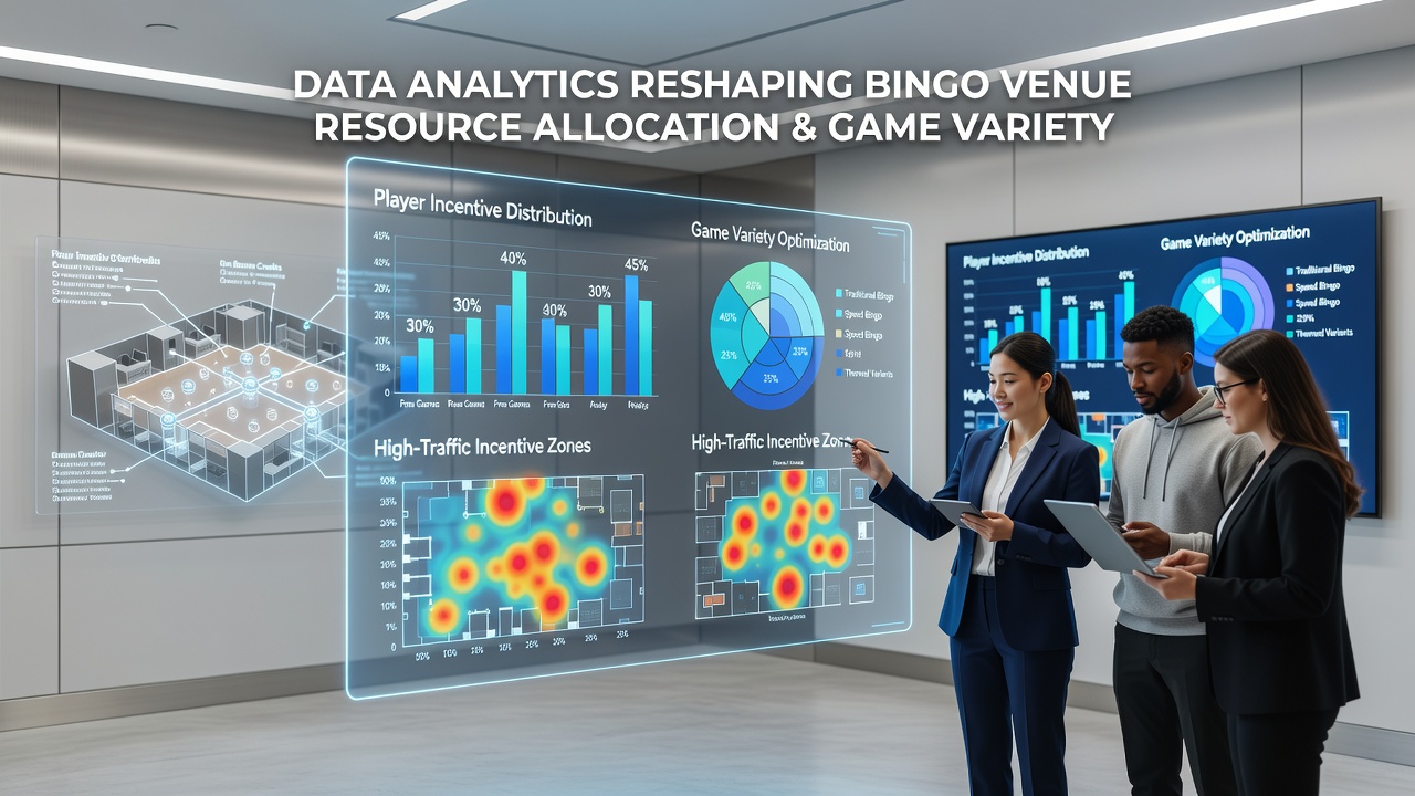 Data visualization dashboards showing player engagement metrics for bingo venue planning