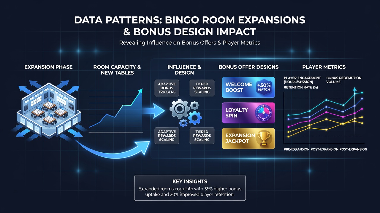 Dashboard view of player metrics including session duration, retention curves, and bonus redemption rates correlated with bingo room count increases