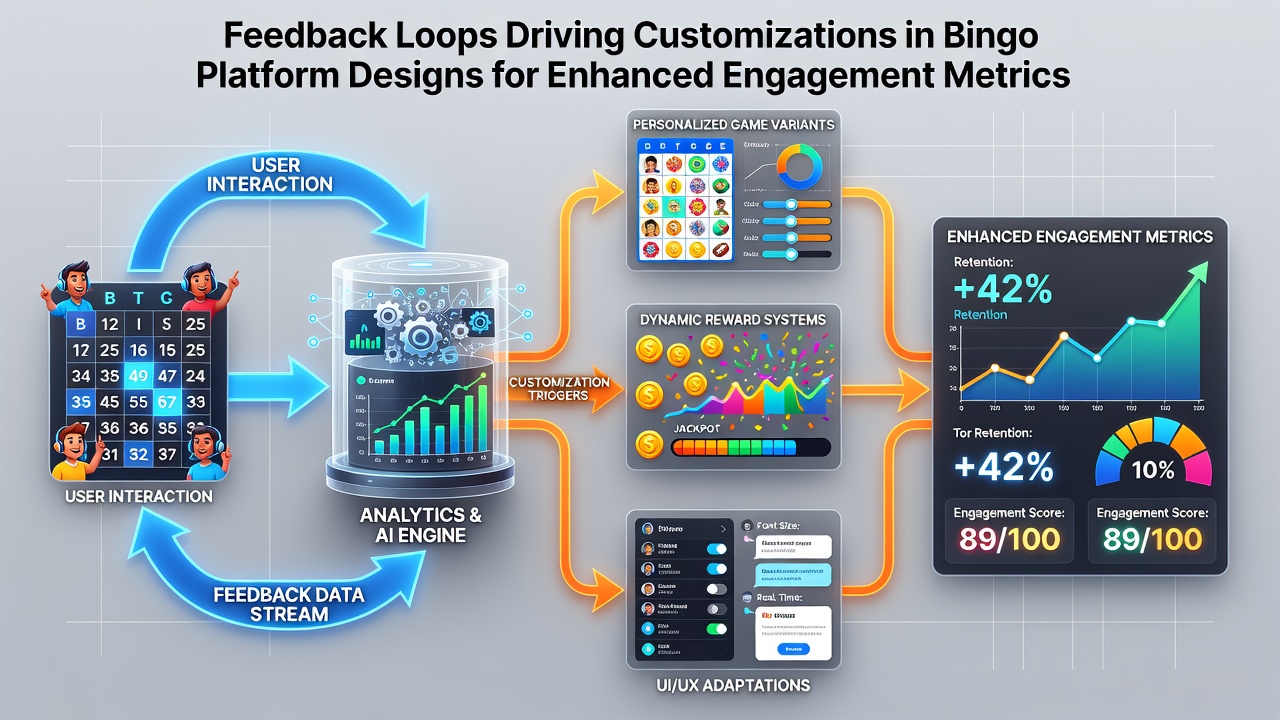 Illustration showing data flow from player feedback into bingo platform customization modules and resulting engagement metrics
