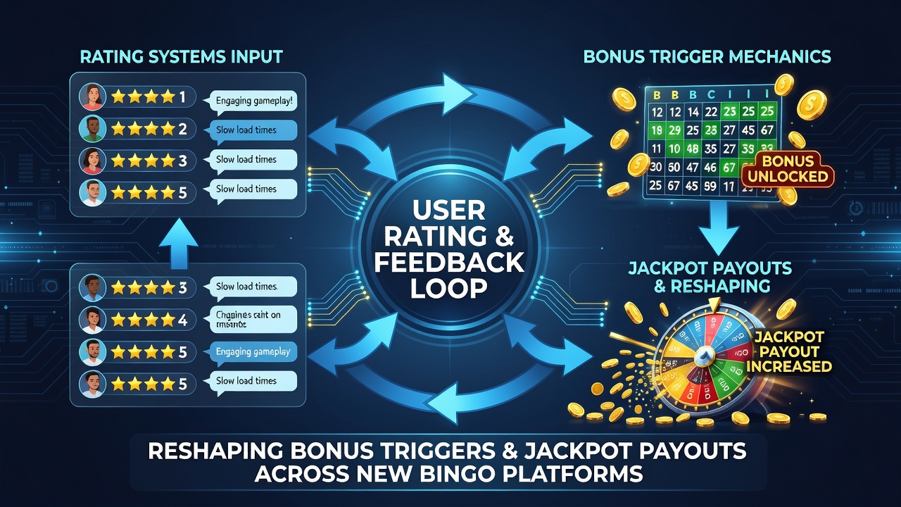 Diagram showing data flow from player ratings to bonus triggers and jackpot adjustments in bingo software