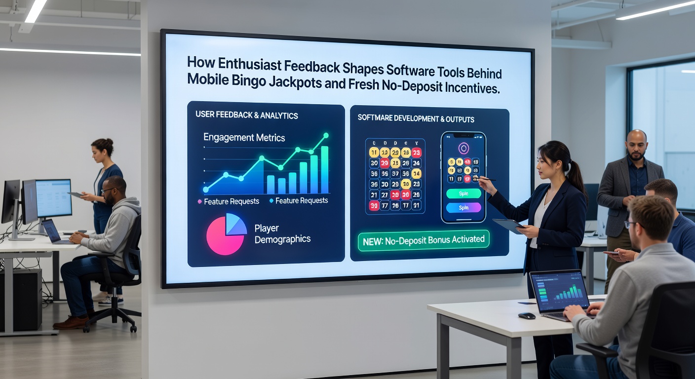 Development team reviewing player feedback charts on large monitors in a modern software office