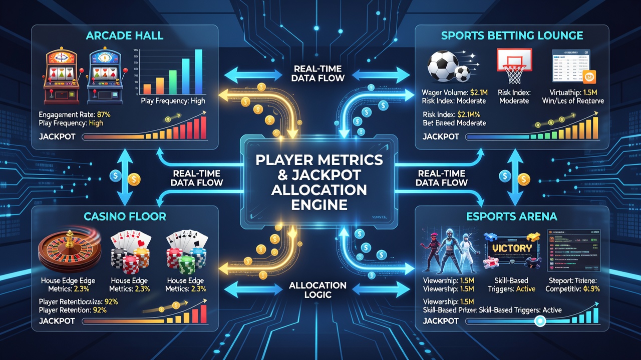 Illustration of data flows connecting player metrics to jackpot pools in specialized bingo halls