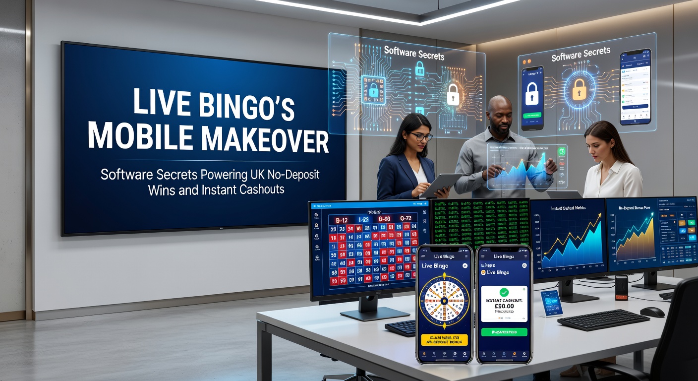Vibrant mobile screen displaying a live bingo room with chat bubbles, spinning numbers, and a no-deposit bonus popup