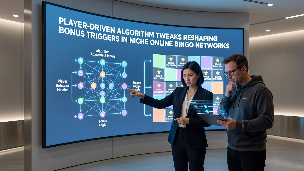 Illustration of players interacting with digital bingo interfaces showing algorithm adjustments for bonus features