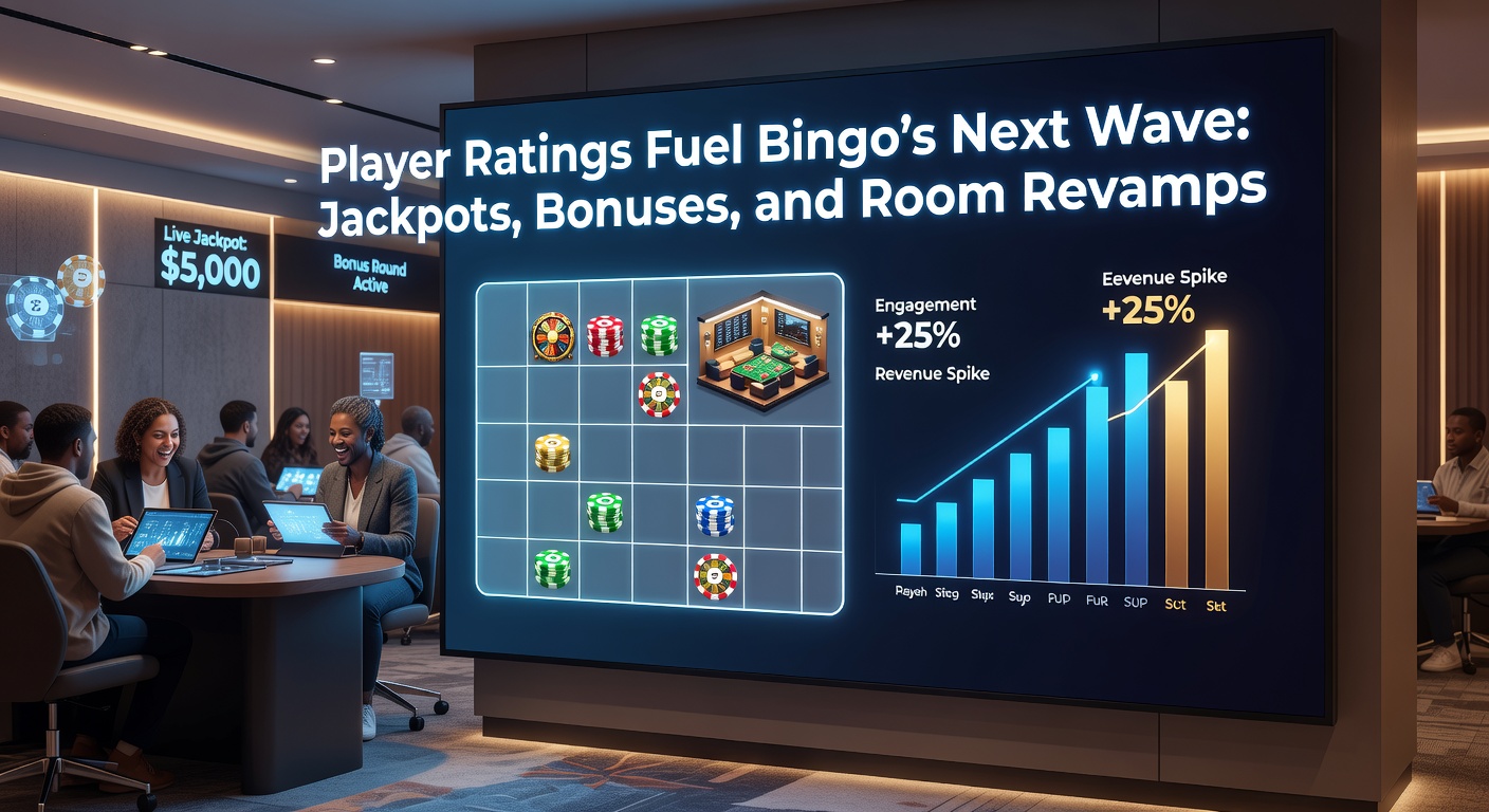 Vibrant bingo hall with players engaging on digital screens, highlighting rating icons and jackpot displays