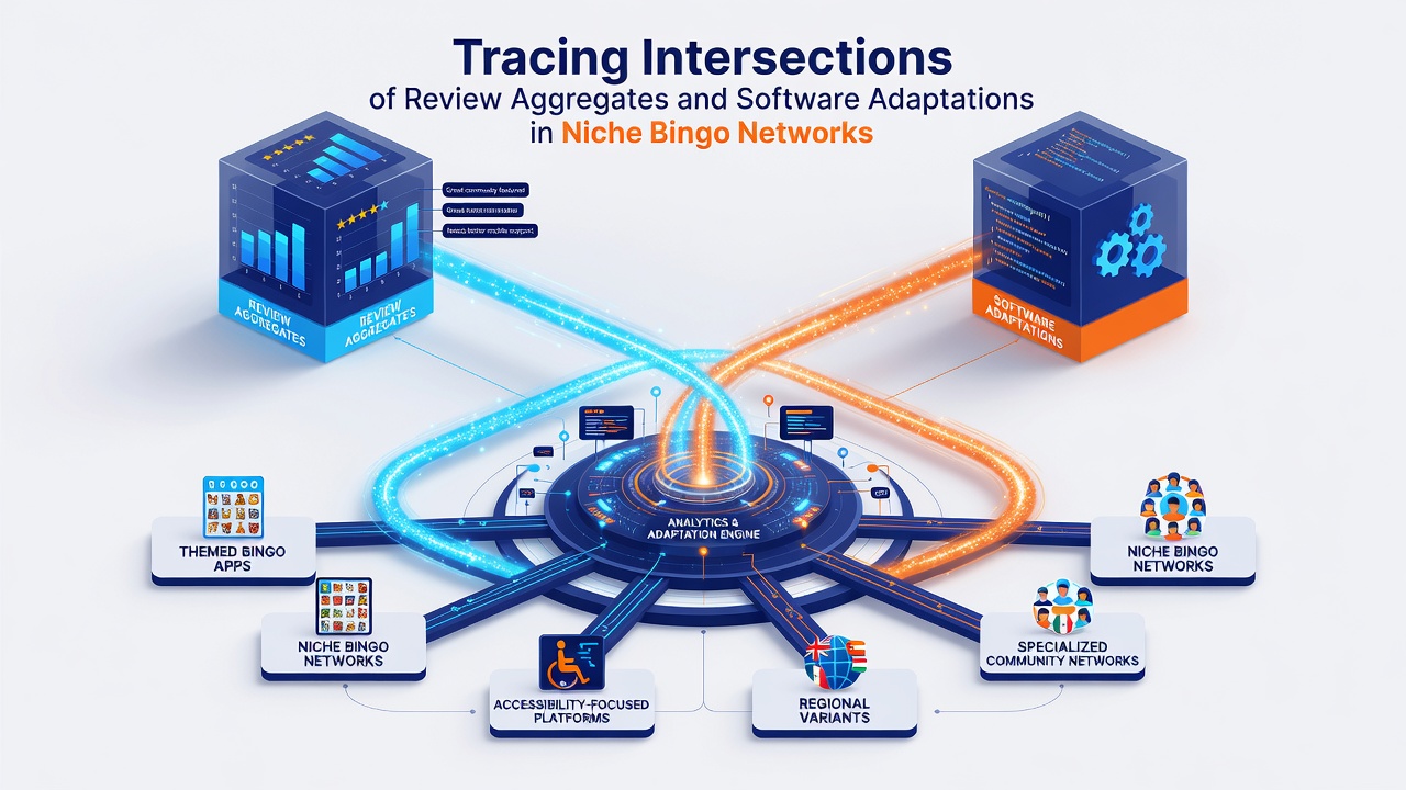 Software dashboard displaying review analytics overlaid on bingo network adaptation timelines and feature rollout schedules